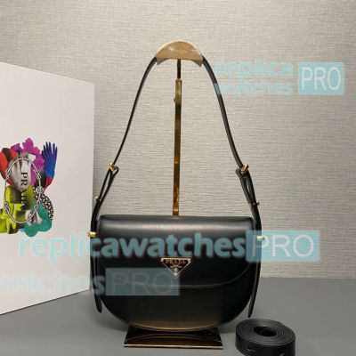 Replica Prada Arqué Black Leather Shoulder Bag with Flap